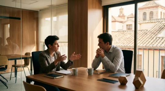 Profesionales en reunión de negociación con enfoque estratégico en oficina moderna