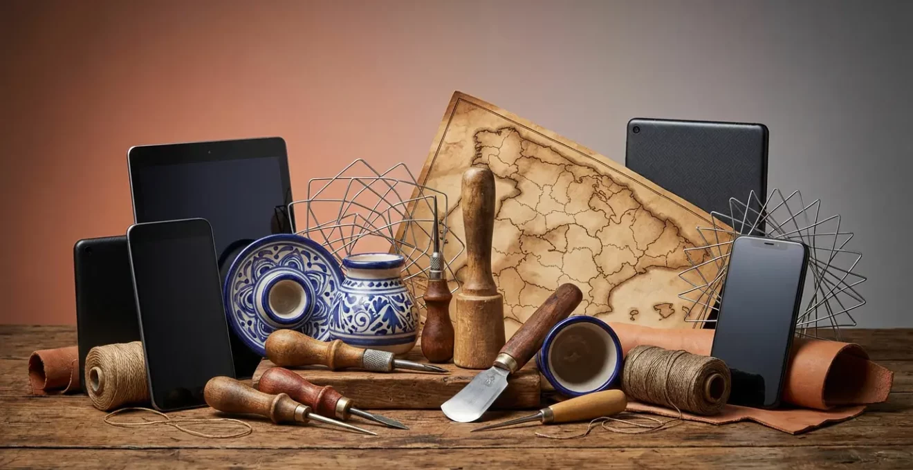 Composición visual de múltiples elementos culturales españoles representando territorios de marca