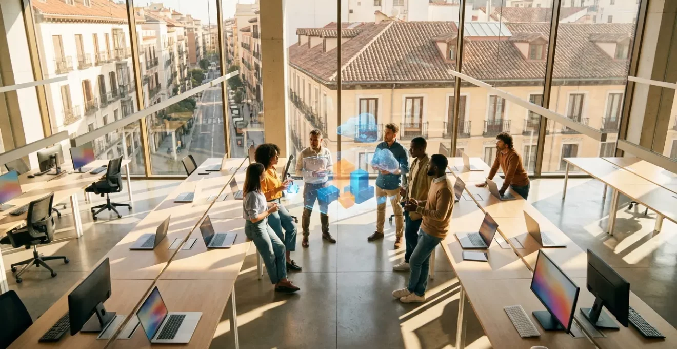 Profesionales en oficina moderna trabajando con visualizaciones de datos y herramientas digitales