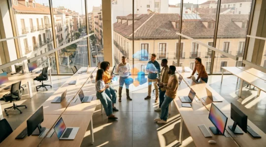 Profesionales en oficina moderna trabajando con visualizaciones de datos y herramientas digitales