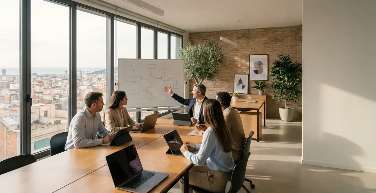 Profesionales diversos trabajando con herramientas digitales e IA en una oficina moderna