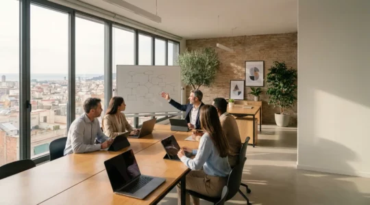 Profesionales diversos trabajando con herramientas digitales e IA en una oficina moderna